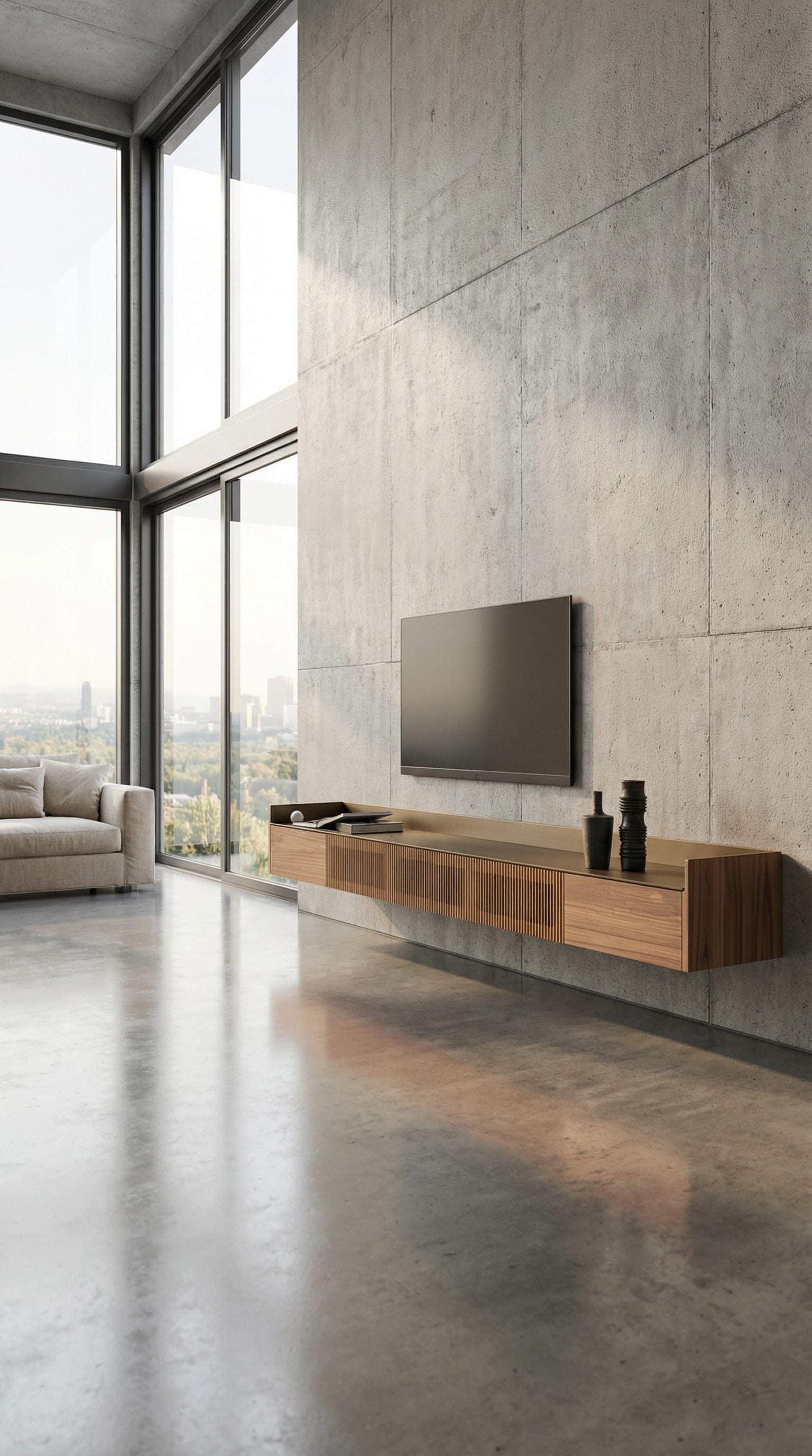 Wandhängendes Punt Stockholm Slim Holz Sideboard in einem modernen Loft mit kühlem Boden Wandhängendes Punt Stockholm Slim Holz Sideboard in einem modernen Loft mit kühlem Boden