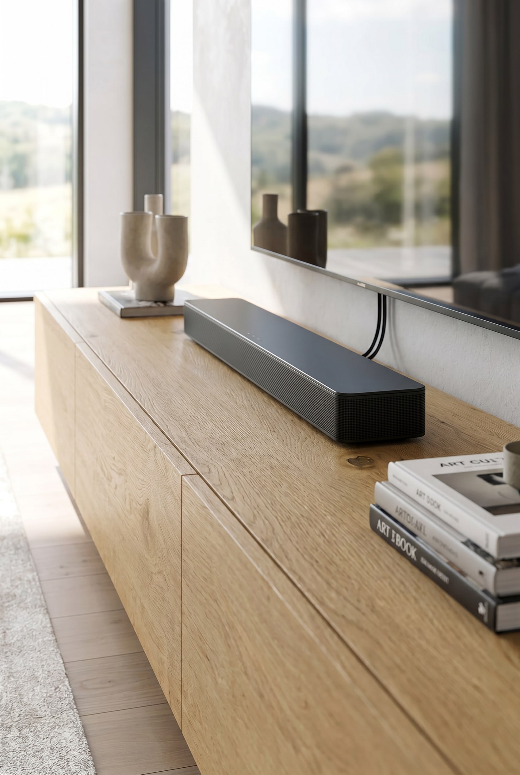 Detailed shot of a wood lowboard with an acoustically transparent fabric front and a hidden cable channel