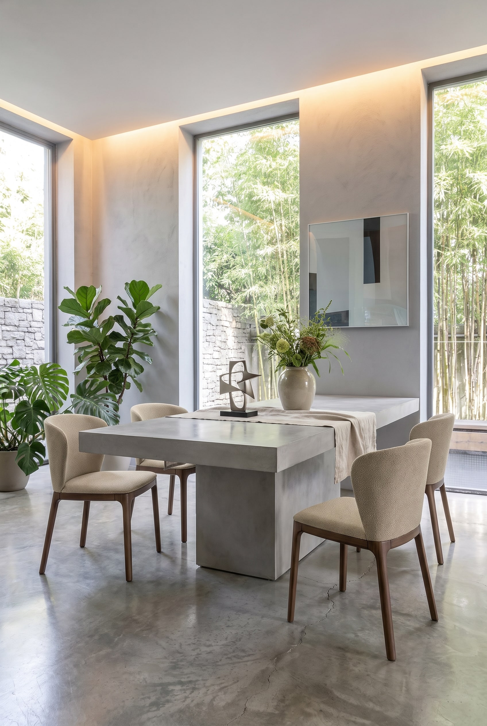 Minimalist dining room with a cool concrete table and an upholstered chair in beige fabric with wooden legs.