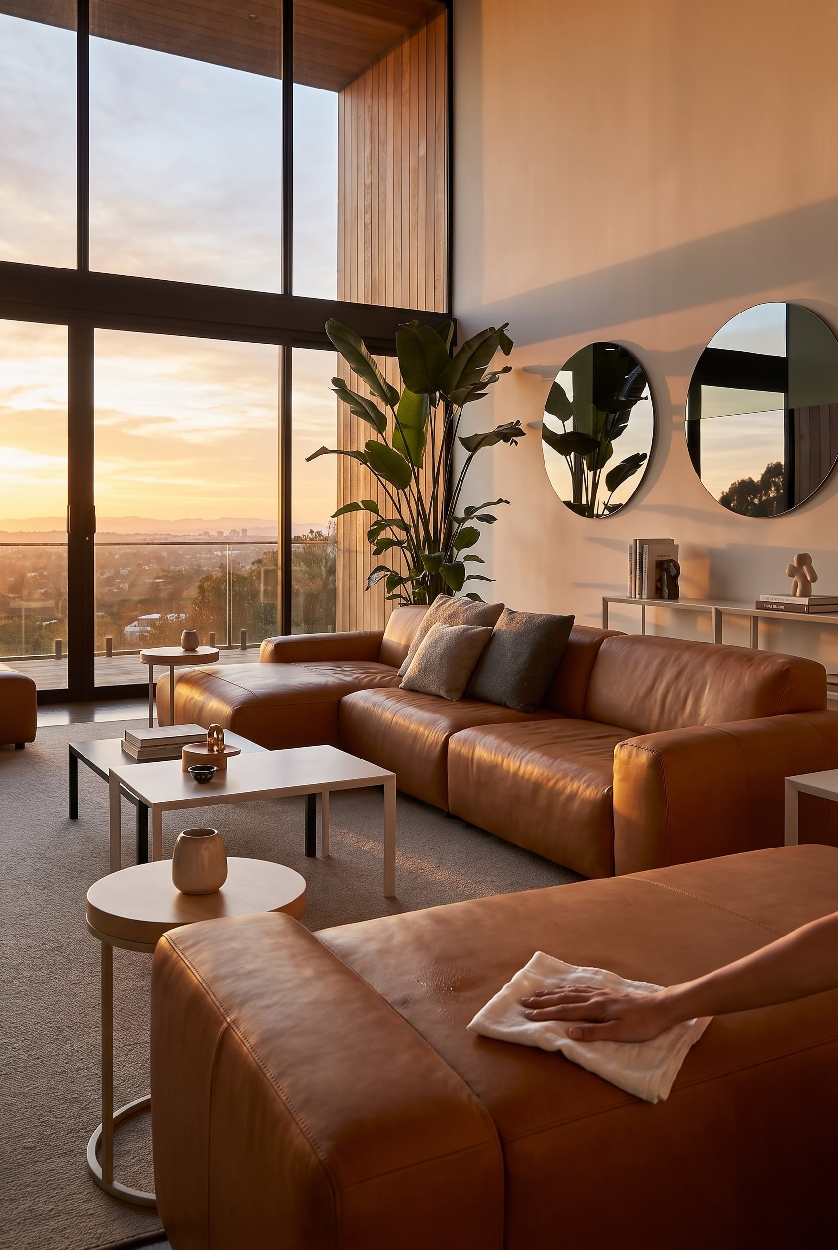 Ein leicht angefeuchtetes weiches Baumwolltuch wischt schonend &uuml;ber die glatte Lederfl&auml;che eines modernen Sofas.