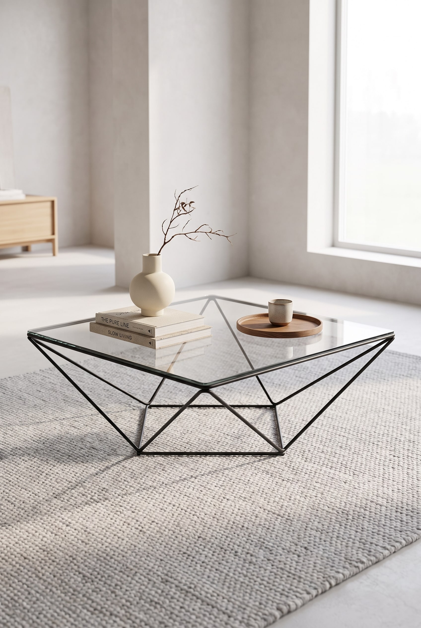 Wohnzimmer mit einem eleganten Glas-Couchtisch, der minimalistisch mit einer Holzschale und einer matten Vase dekoriert ist.