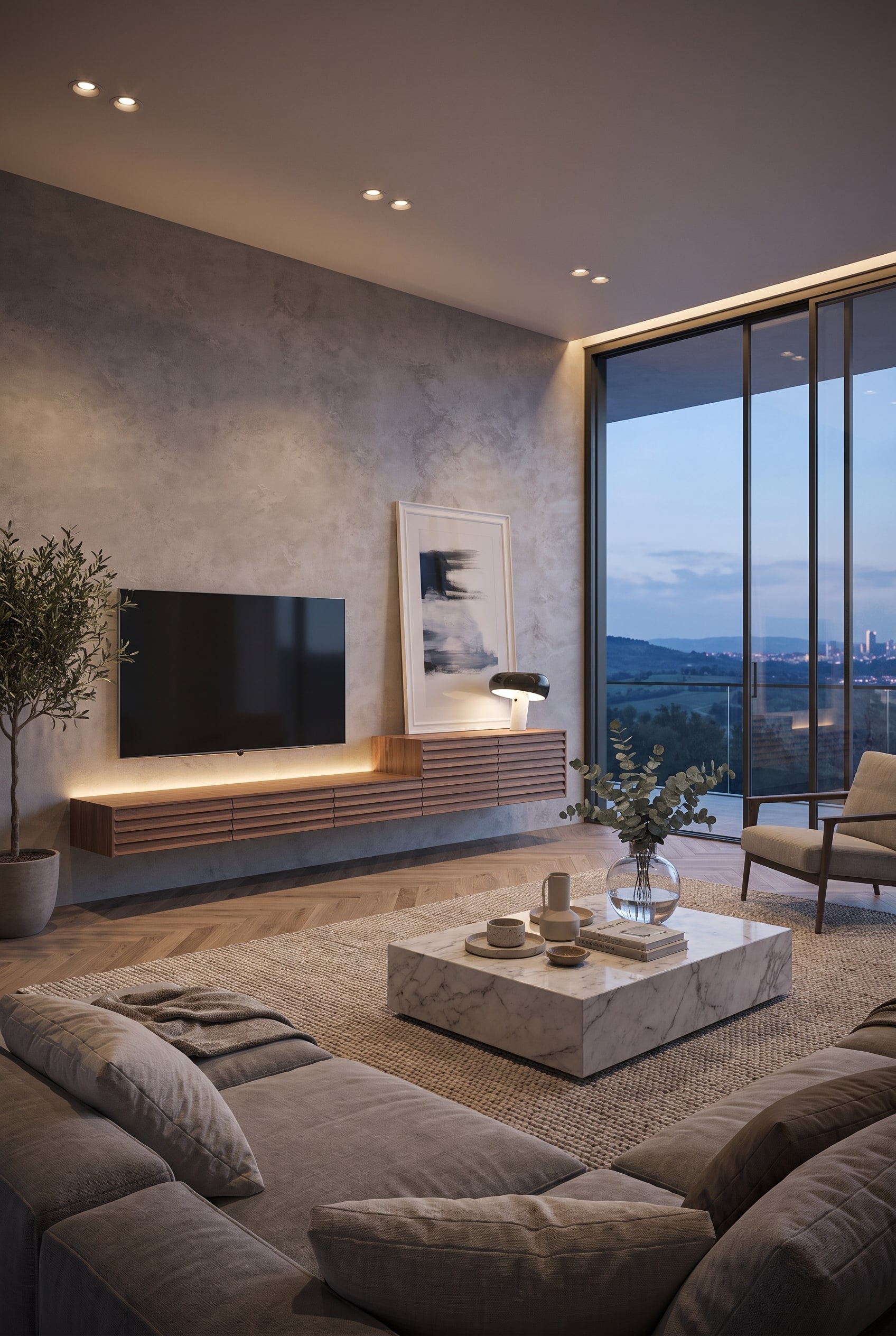 Living room with a floating lowboard with vertical wooden slat fronts and directed ceiling spotlights