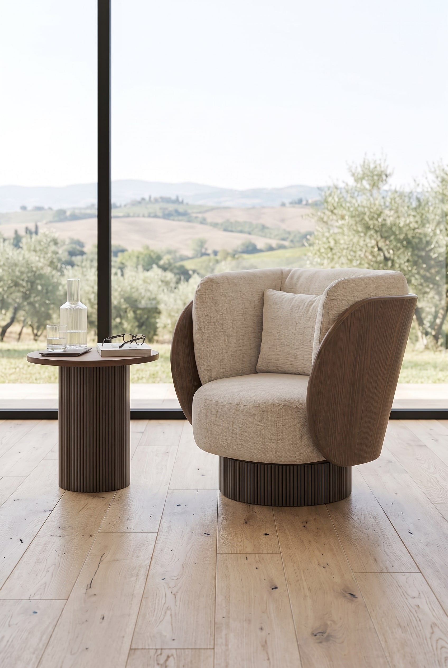 Detail shot of the invisible swivel base under a luxurious armchair.