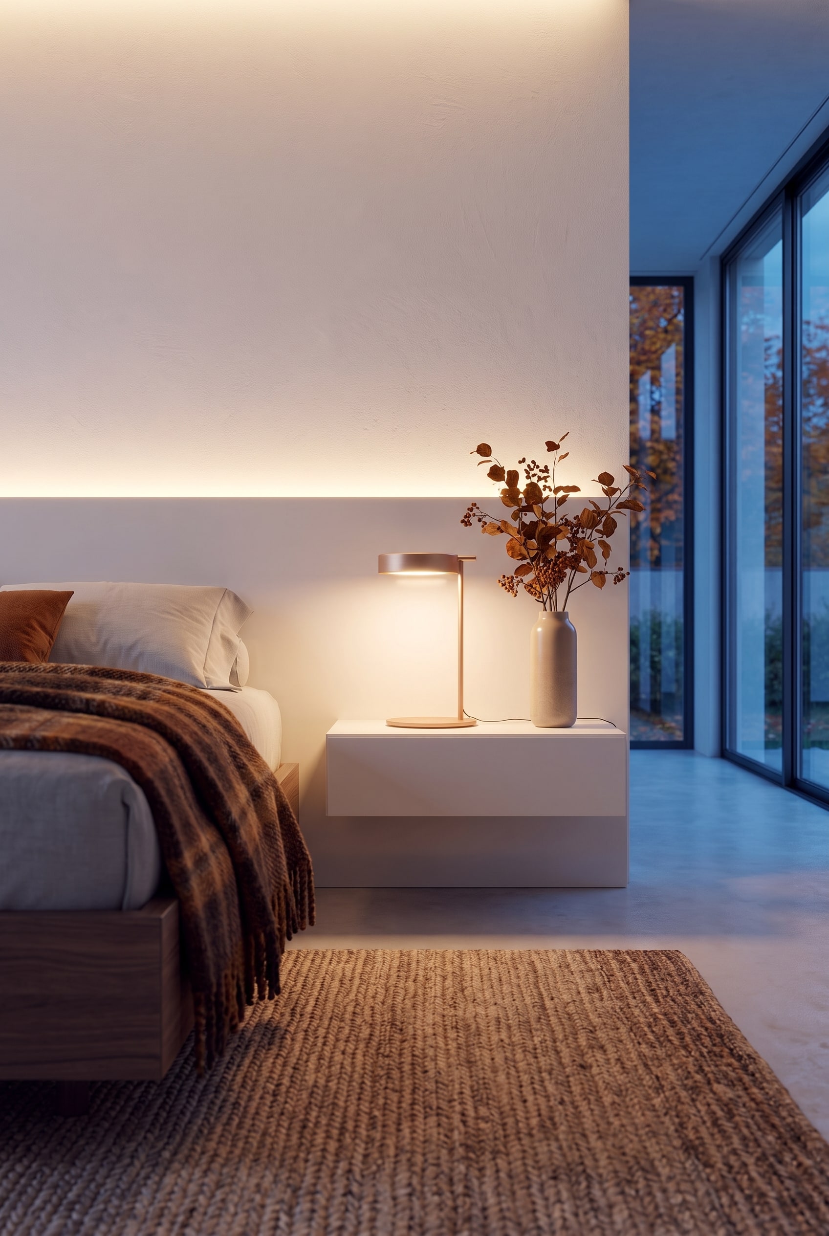 Autumnal bedroom with a matte lacquered bedside table featuring a closed drawer, next to a cozy fabric bed