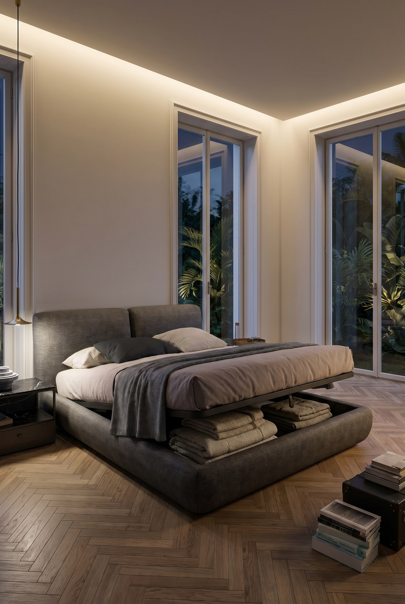 Elegantes Designerbett mit weichen Rundungen und durchdachtem Stauraum-Konzept Elegantes Designerbett mit weichen Rundungen und durchdachtem Stauraum-Konzept