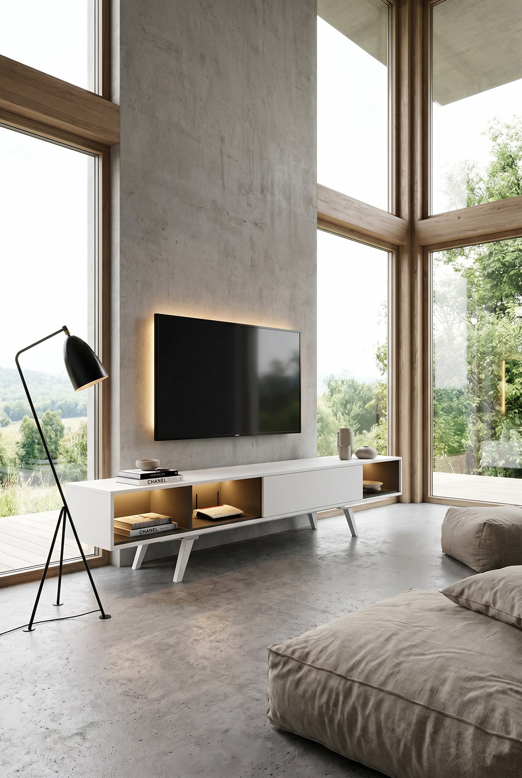 Minimalistischer Loungebereich mit langem, zweifarbigem al2 e-klipse 005 Lowboard in Wei&szlig; und Grau sowie gro&szlig;en Bodenkissen