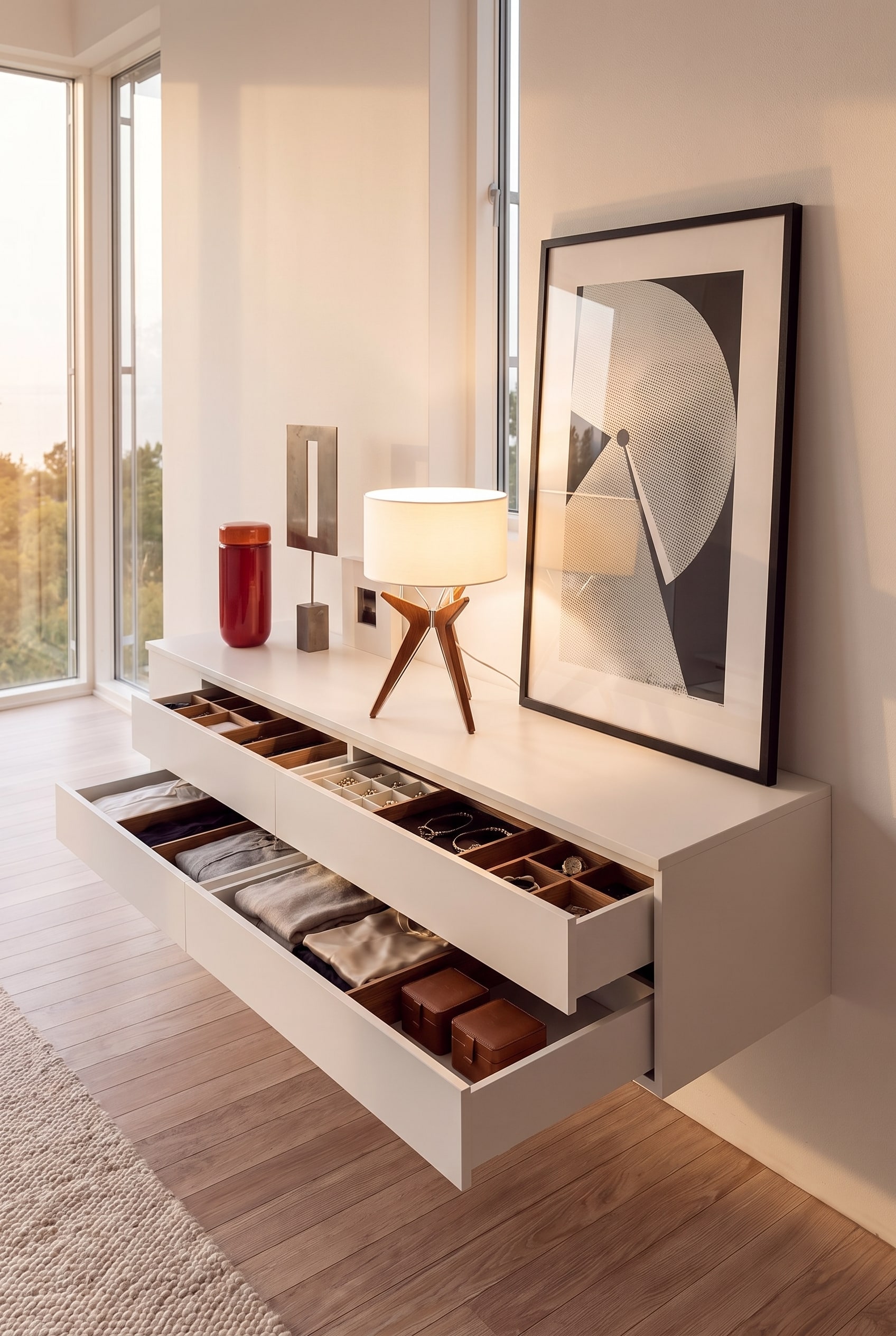 A floating wall-mounted chest of drawers made of oak wood. A drawer is slightly open, offering convenient, upright access to earrings inside.