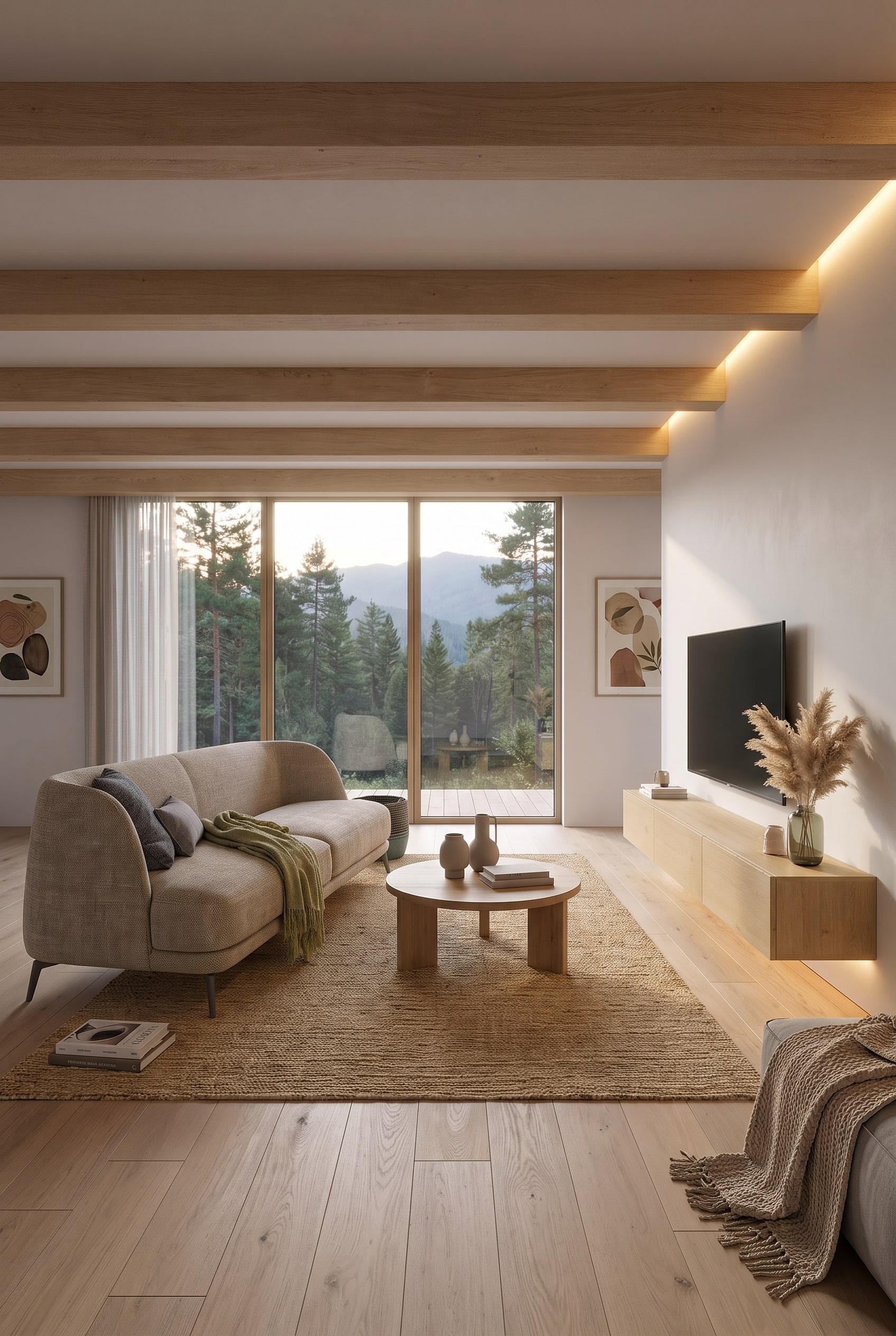 Living room with a large sofa in a matte beige tone, without harsh color contrasts
