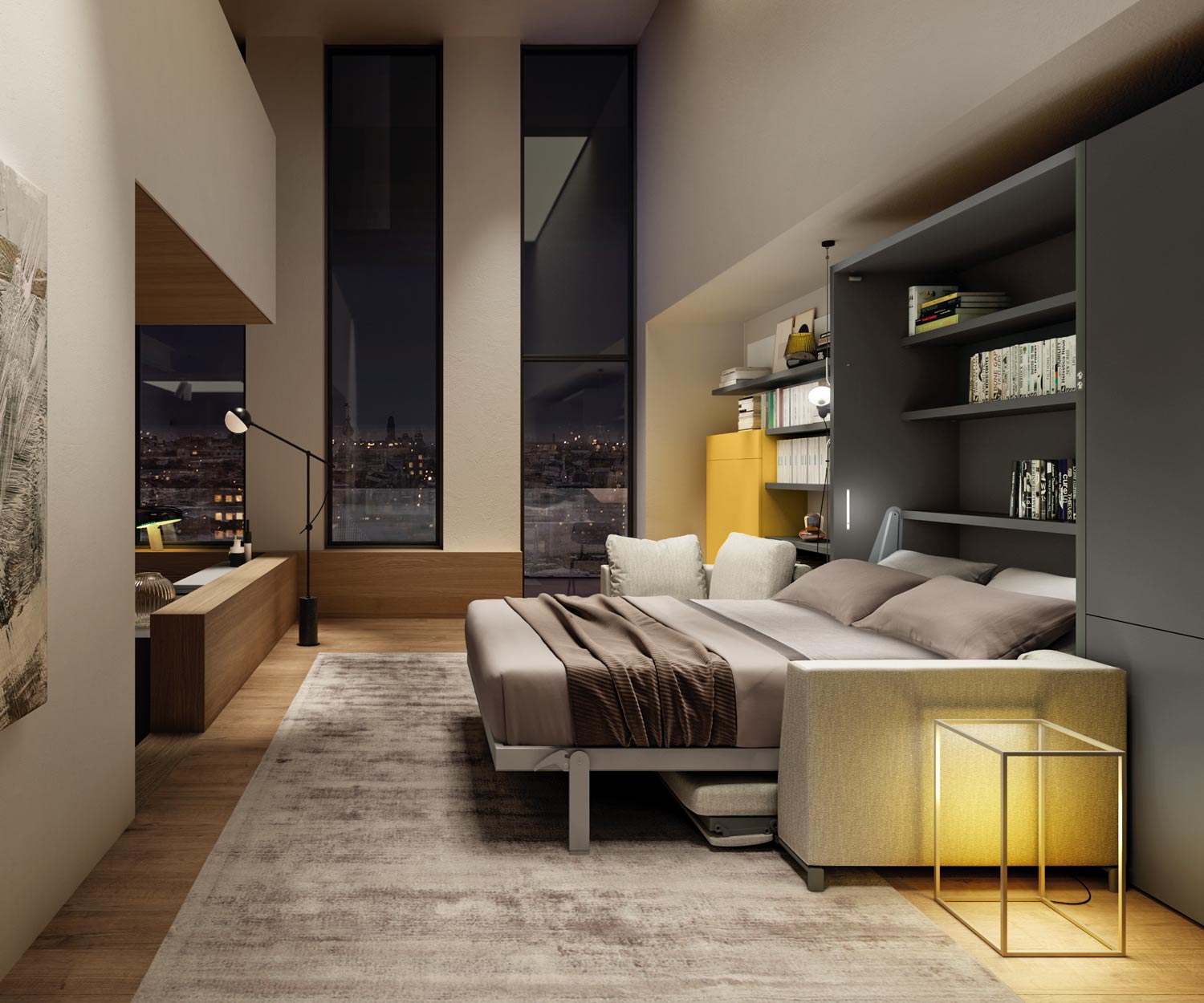 Design Schrankbett umwandeln transformieren Regal zu Bett