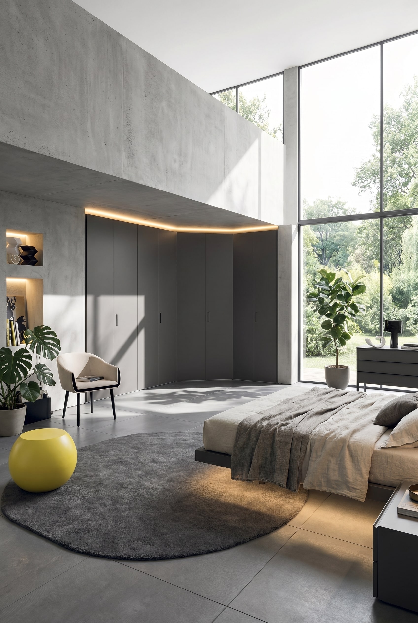 L-shaped, dark grey wardrobe with handleless fronts, perfectly fitted into the corner of the room, next to a light armchair