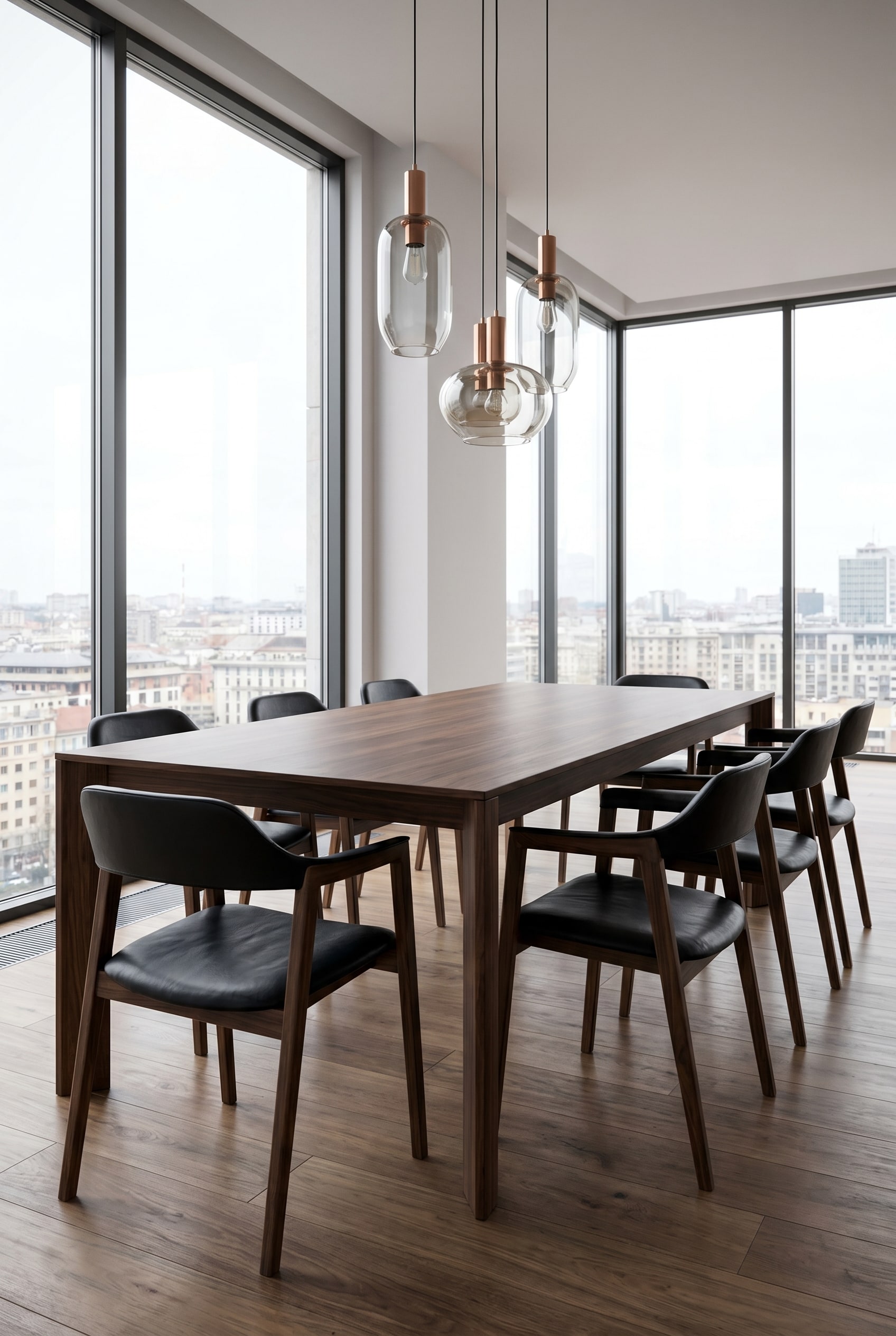 Modern loft dining room with three glass pendant lights and a dark walnut armchair with black leather at the wooden table