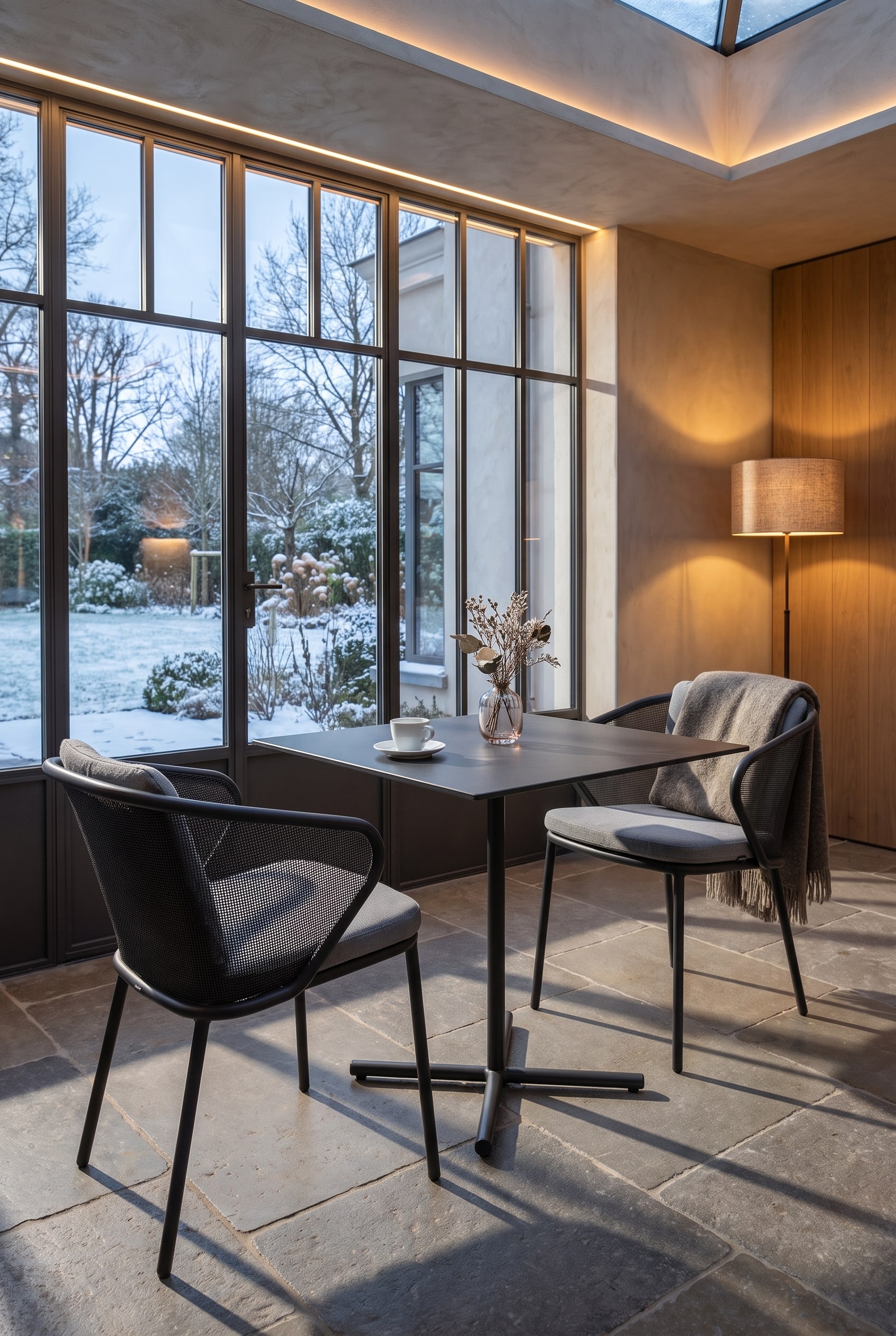 Zierlicher Bistrotisch in dunklem Graphit mit zentralem Mittelfuß und zwei modernen Stühlen in einer sonnigen Ecke des Wintergartens. Auf dem Tisch steht eine Espresso-Tasse.