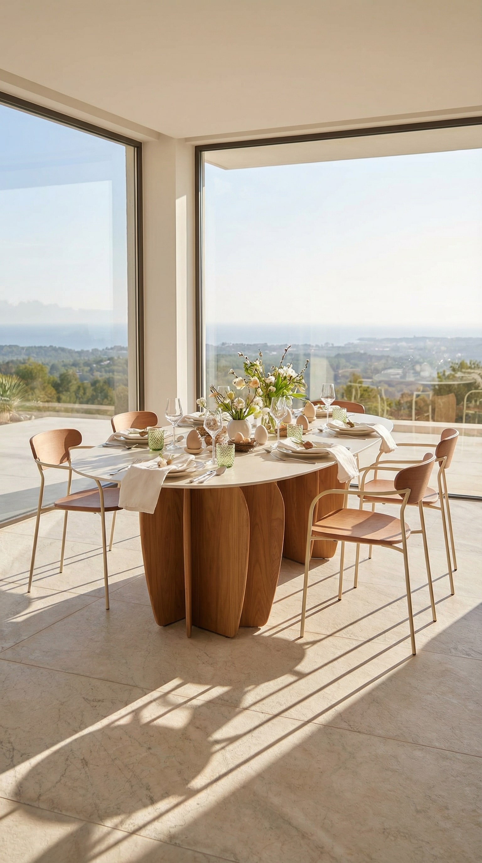 Architektonischer Outdoor Esstisch auf einer eleganten Steinterrasse mit weitem Ausblick