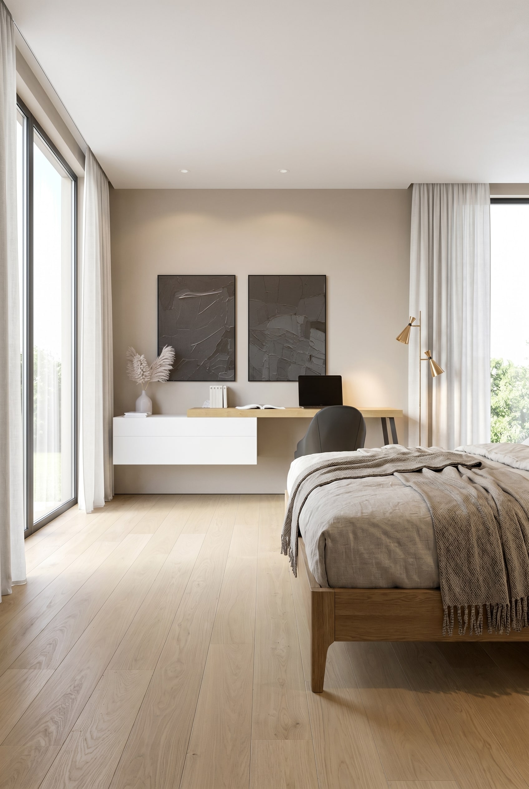 Modernes Schlafzimmer mit Eichenholz-Bett und schwebender Livitalia Ecletto Wandkommode in mattem Wei&szlig;