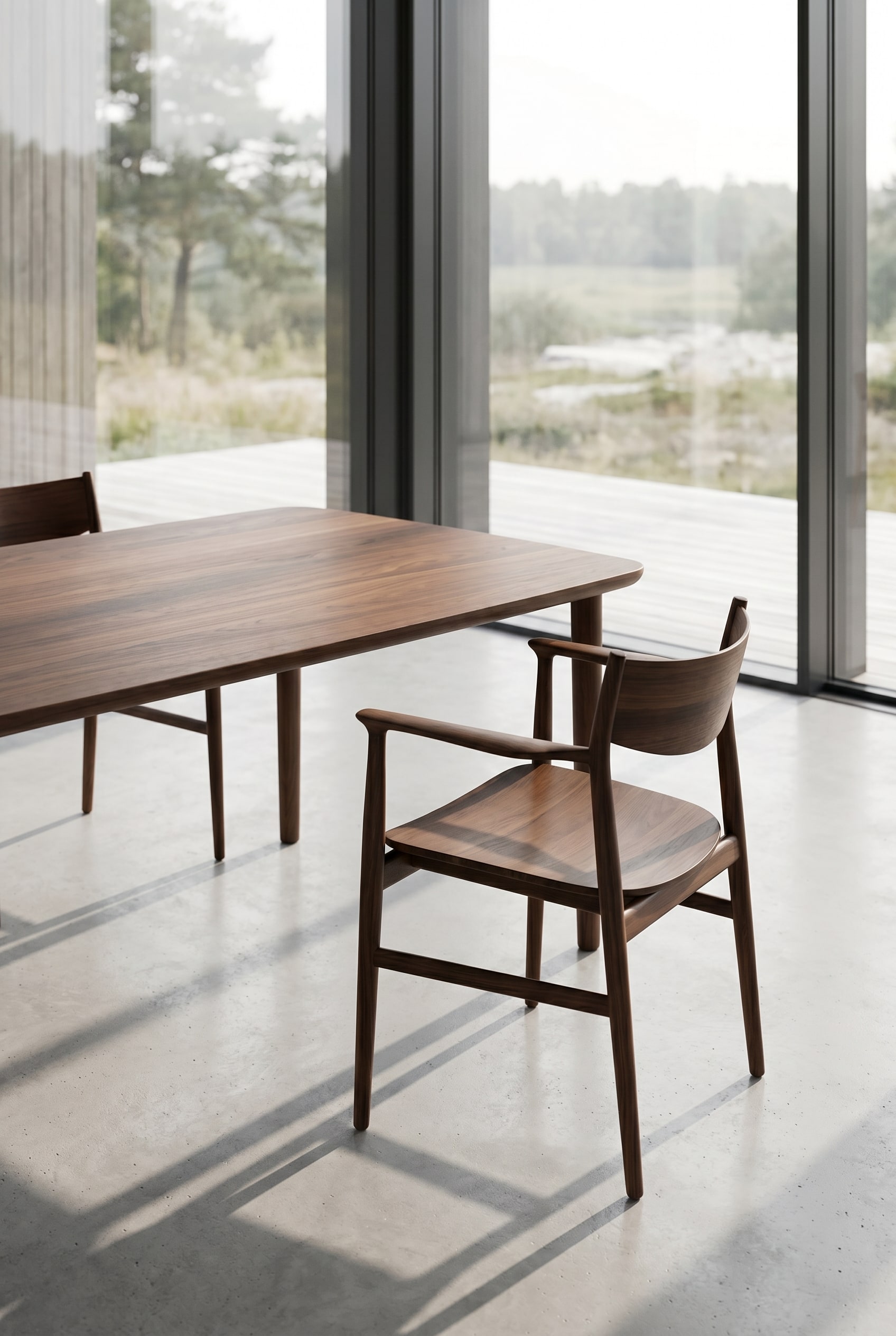 Elegant dining room with minimalist dark wood armchair and large walnut tabletop