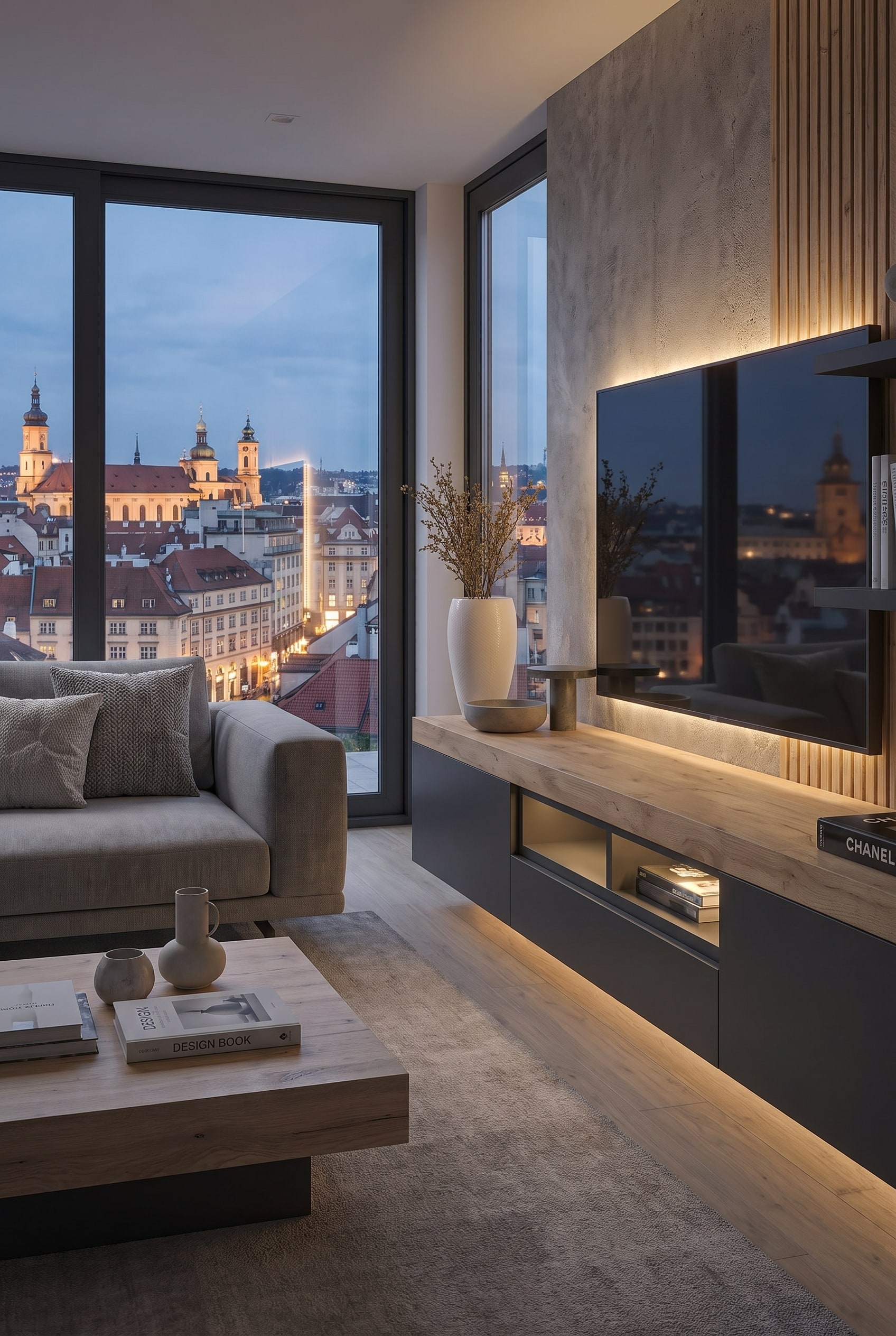 Modern living room with an elegant wall unit that catches the eye through the strong contrast of warm oak wood and dark grey matte lacquer.