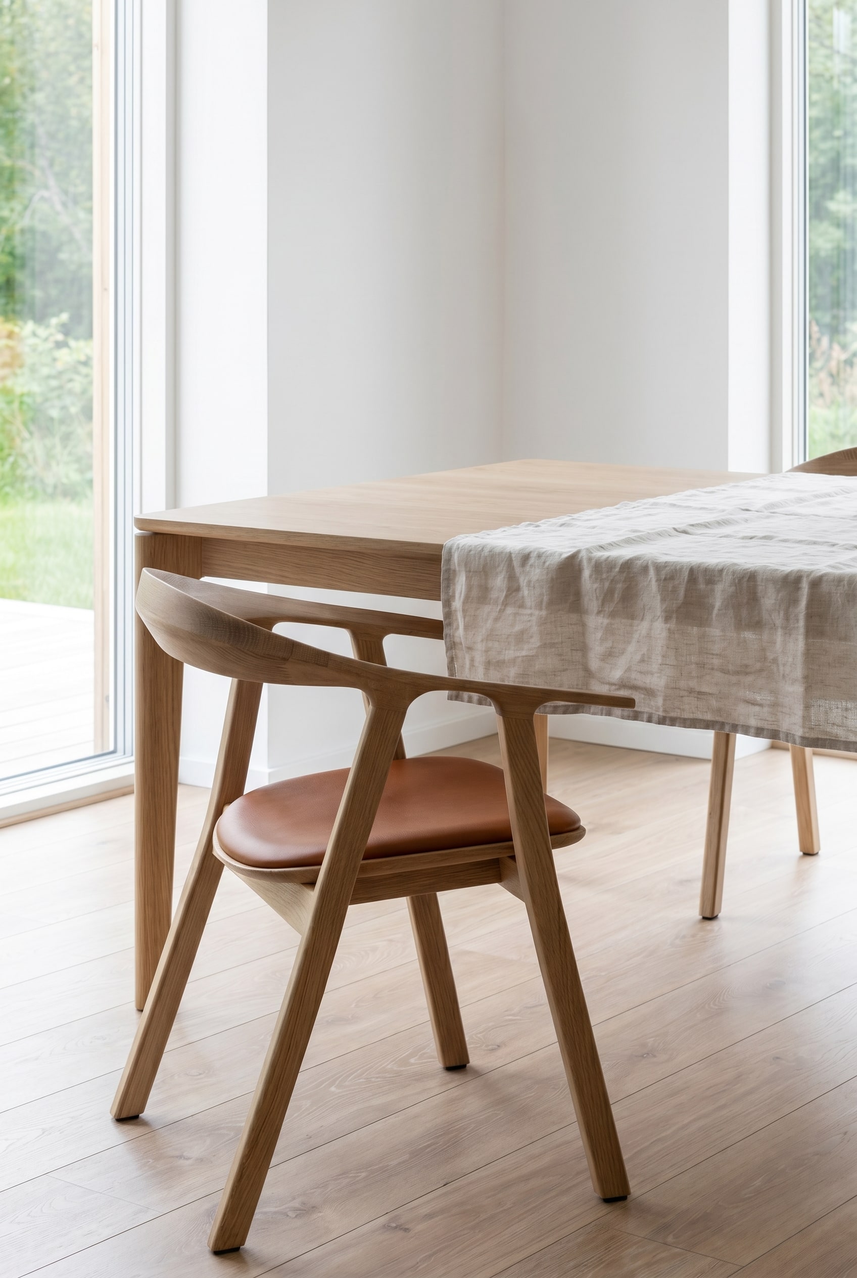 Scandinavian dining room with a solid wood chair in oak and cognac-colored leather upholstery at the wooden table