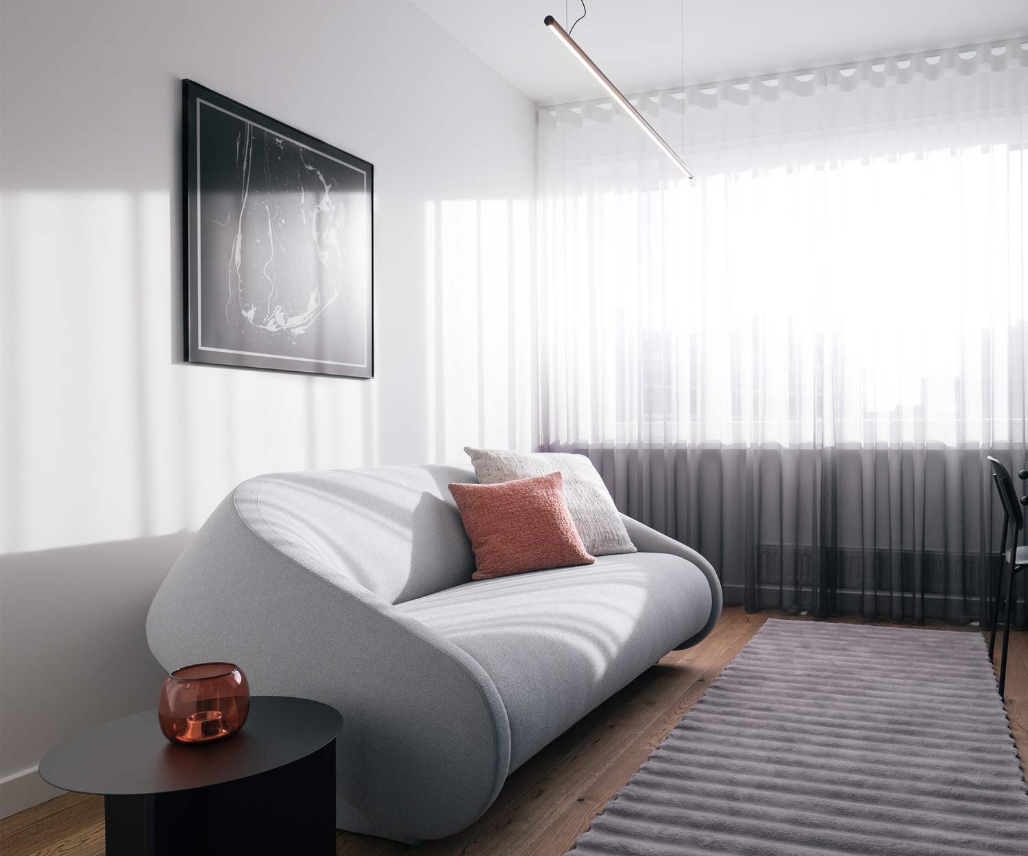 Exklusives Prostoria Schlafsofa Up Lift mit grauem Stoffbezug im Wohnzimmer Exklusives Prostoria Schlafsofa Up Lift mit grauem Stoffbezug im Wohnzimmer