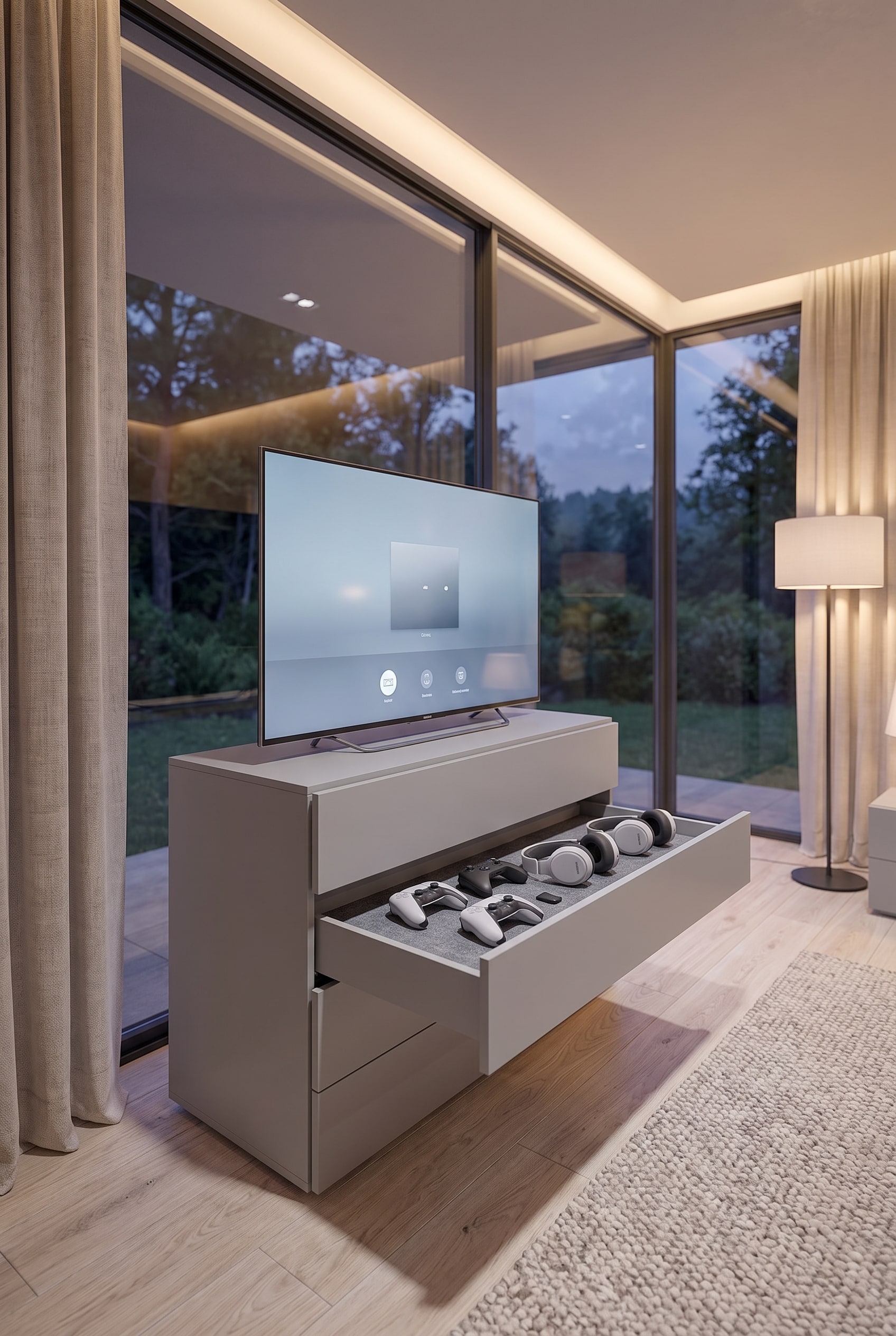 A cubic chest of drawers in greige with a shallow drawer, in which four controllers and two headsets lie side by side on a felt mat.