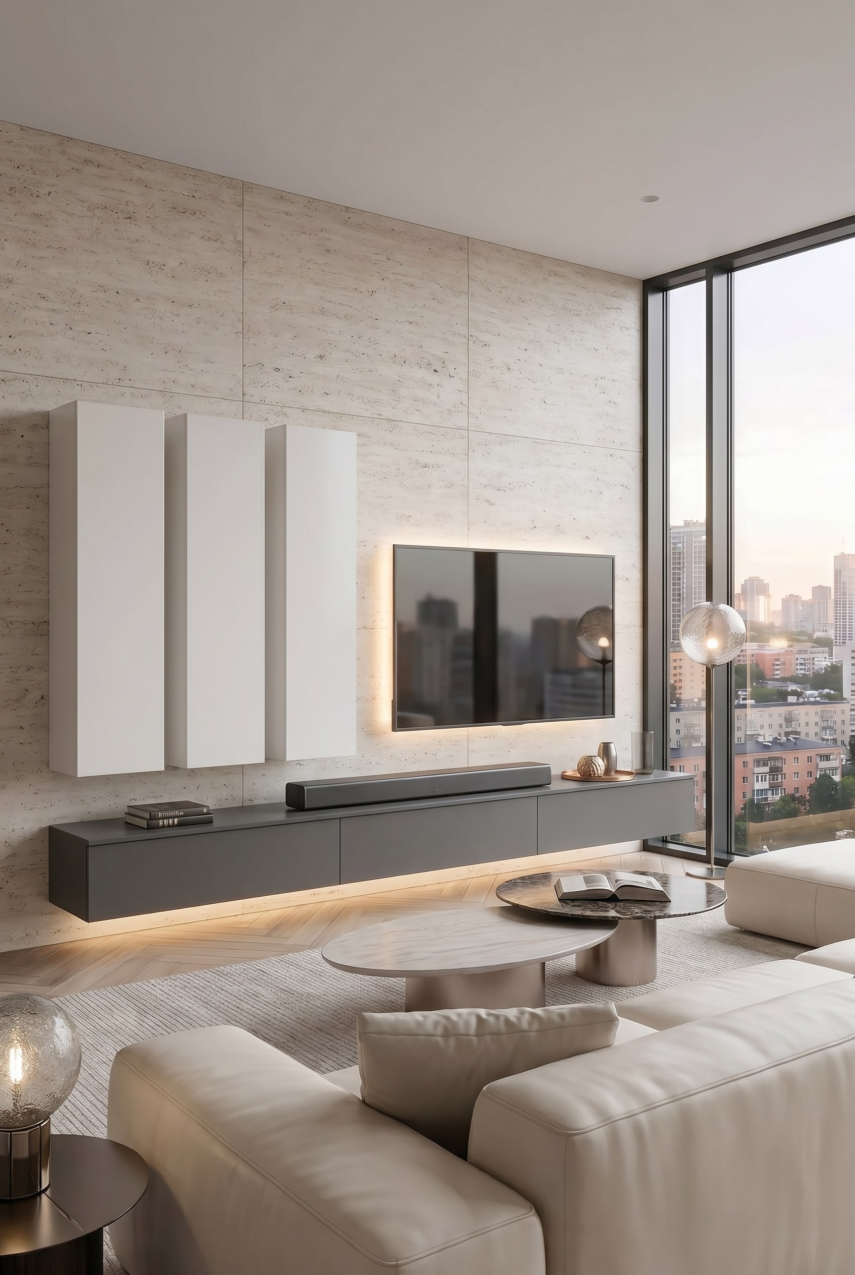 Bright living room with floating grey lowboard, white vertical wall cabinets and a light, subtly structured back panel